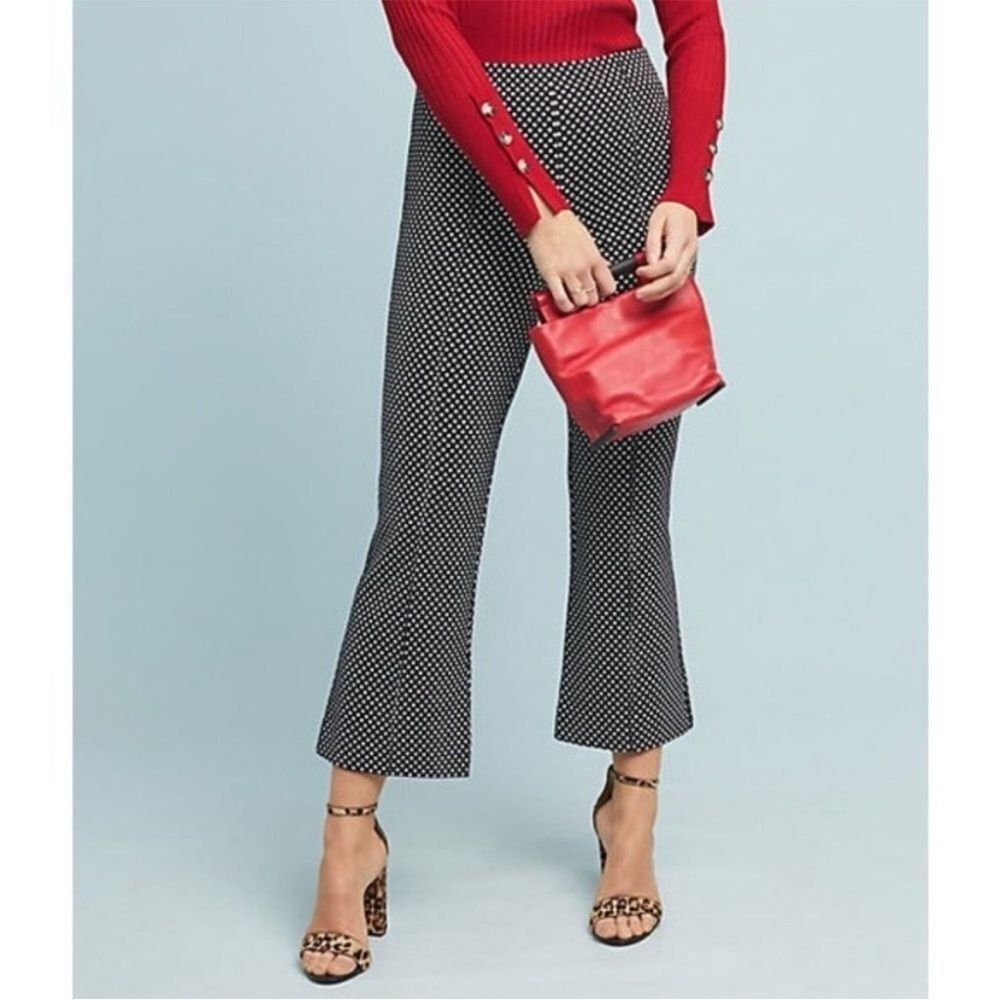 Anthropologie Essential Cropped Flare Pants Black White Diamond Polka Dot Small